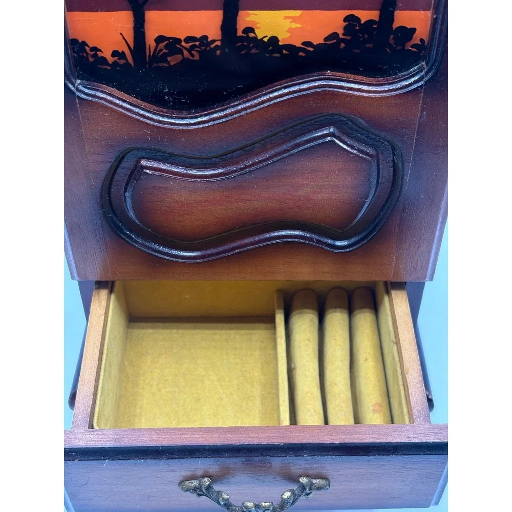 Vintage Wooden Jewelry Box Armoire Sunset Scene Music Box Cabinet 3 Drawers